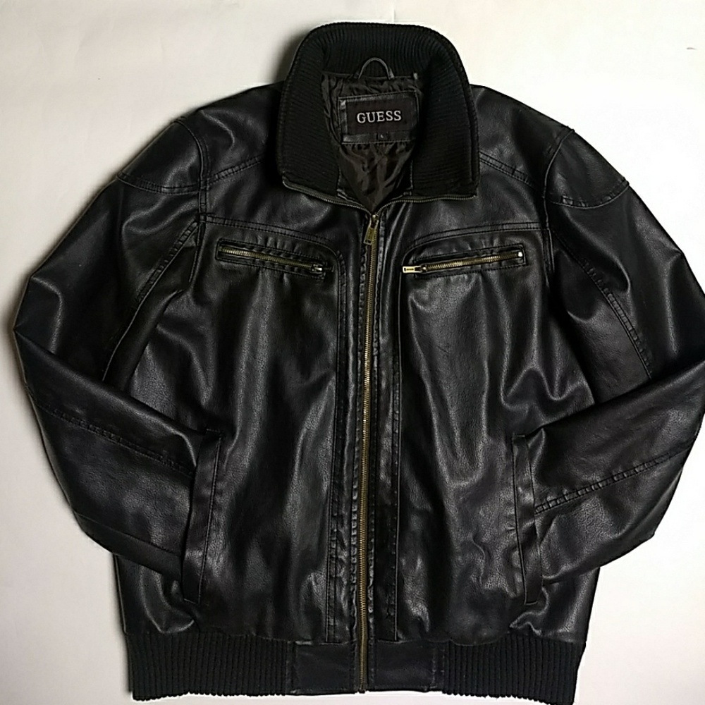 Guess Men's Leather Bomber jacket with hoodie